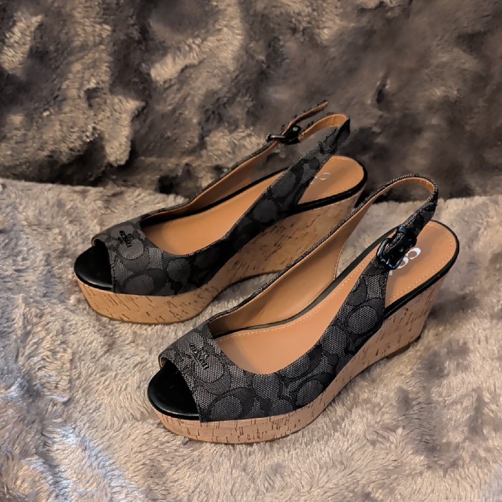 Coach Black Signature Canvas Cork Wedge Slingbacks